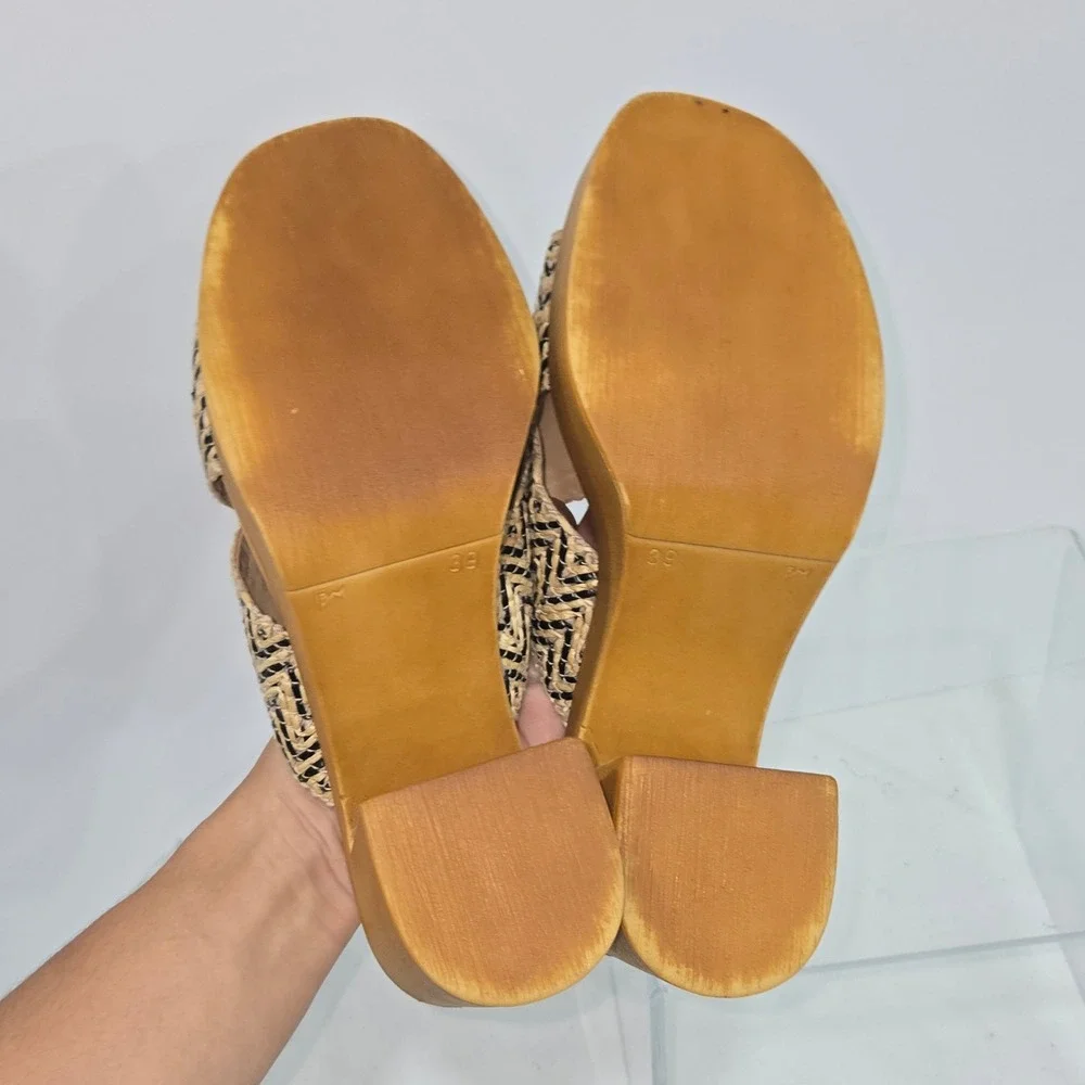 Avellini Italy Woven Raffia Platform Mules Wood Block Heel Sandals Tan Black 39